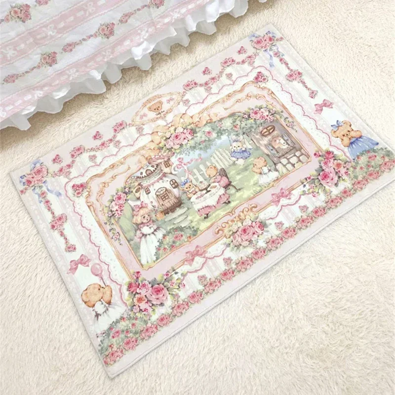 Bedroom Carpet Plush Bedside Rugs Pink Vintage Livingroom Carpet Floormat Bear Pastoral Rose Non-slip Doormat Home Decoration