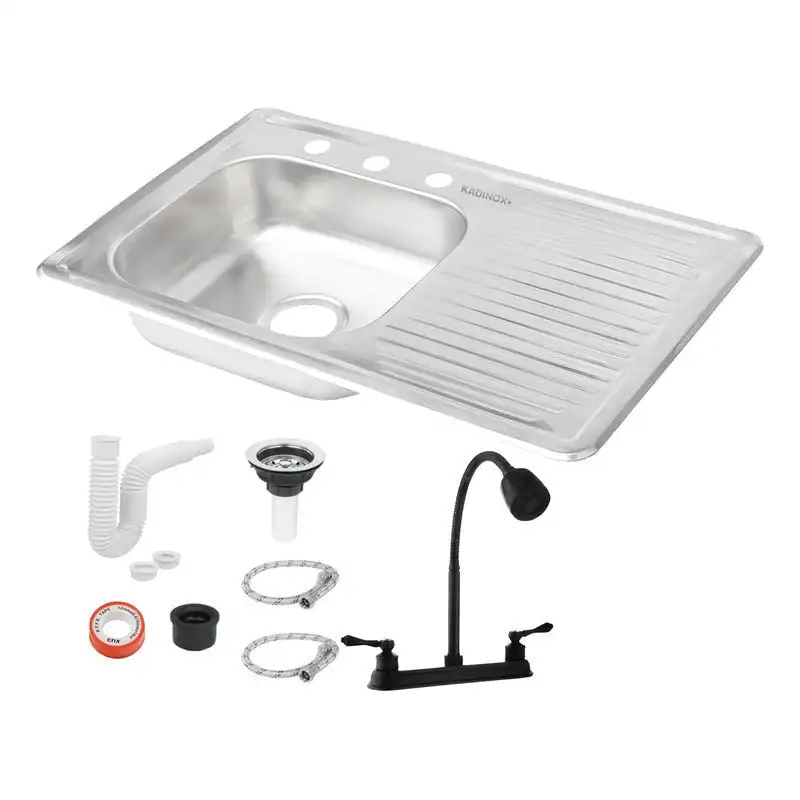 Fregadero Tarja para Cocina Empotrable de Acero Inoxidable 80x50 cm con Kit y Mezcladora Negra