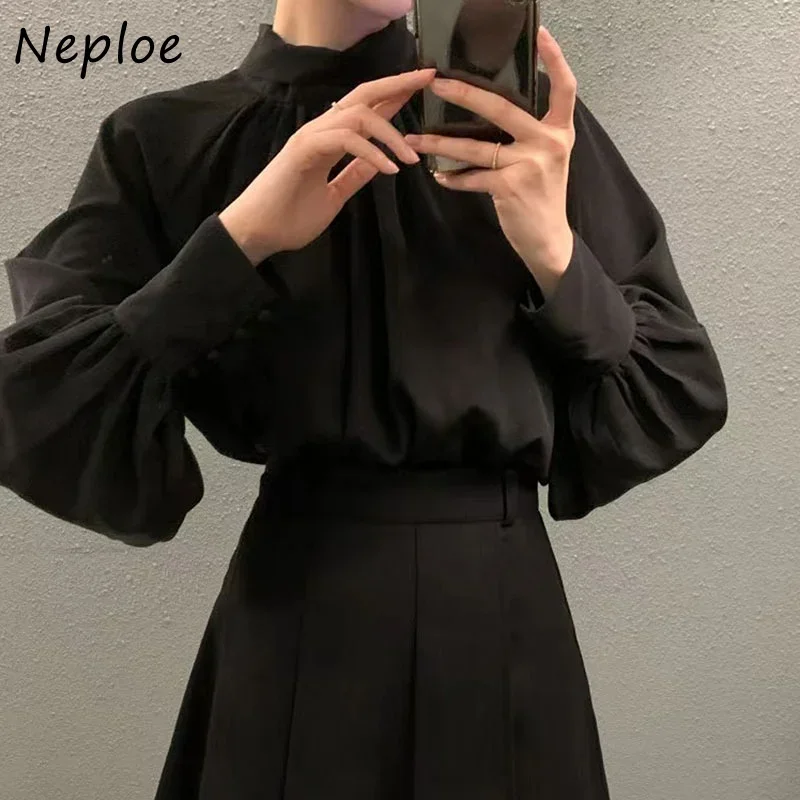 Neploe Stand Neck Solid Color Long Sleeve Blouses Back Bandage Loose Casual Shirts Autumn Vintage Blusas Mujer De Moda 2024