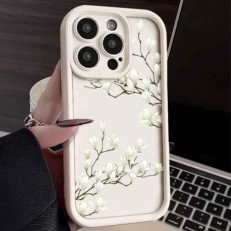 Magnolia Flower Silicone Phone Case For iPhone 16 15 14 Pro Max 13 Pro 15 16 Plus Shockproof Bumper Soft TPU Back Cover Fundas