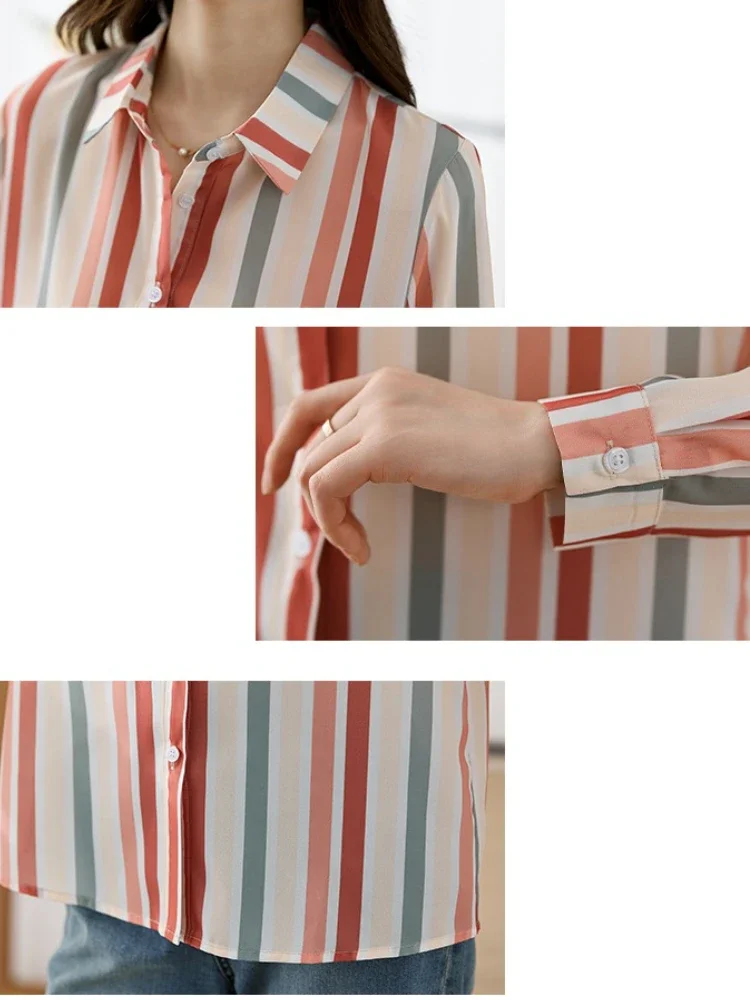 New Long Sleeve Turn Down Collar Women Blouses 2025 Women Striped Shirt Autumn Casual Women's Long Sleeves Color Blocking Tops