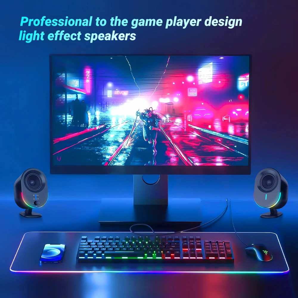 Bestisan 2.0 Gaming speaker Computer Bluetooth Speakers USB sound card AUX input 20W RGB Light Effect 2.75 inch full range unit