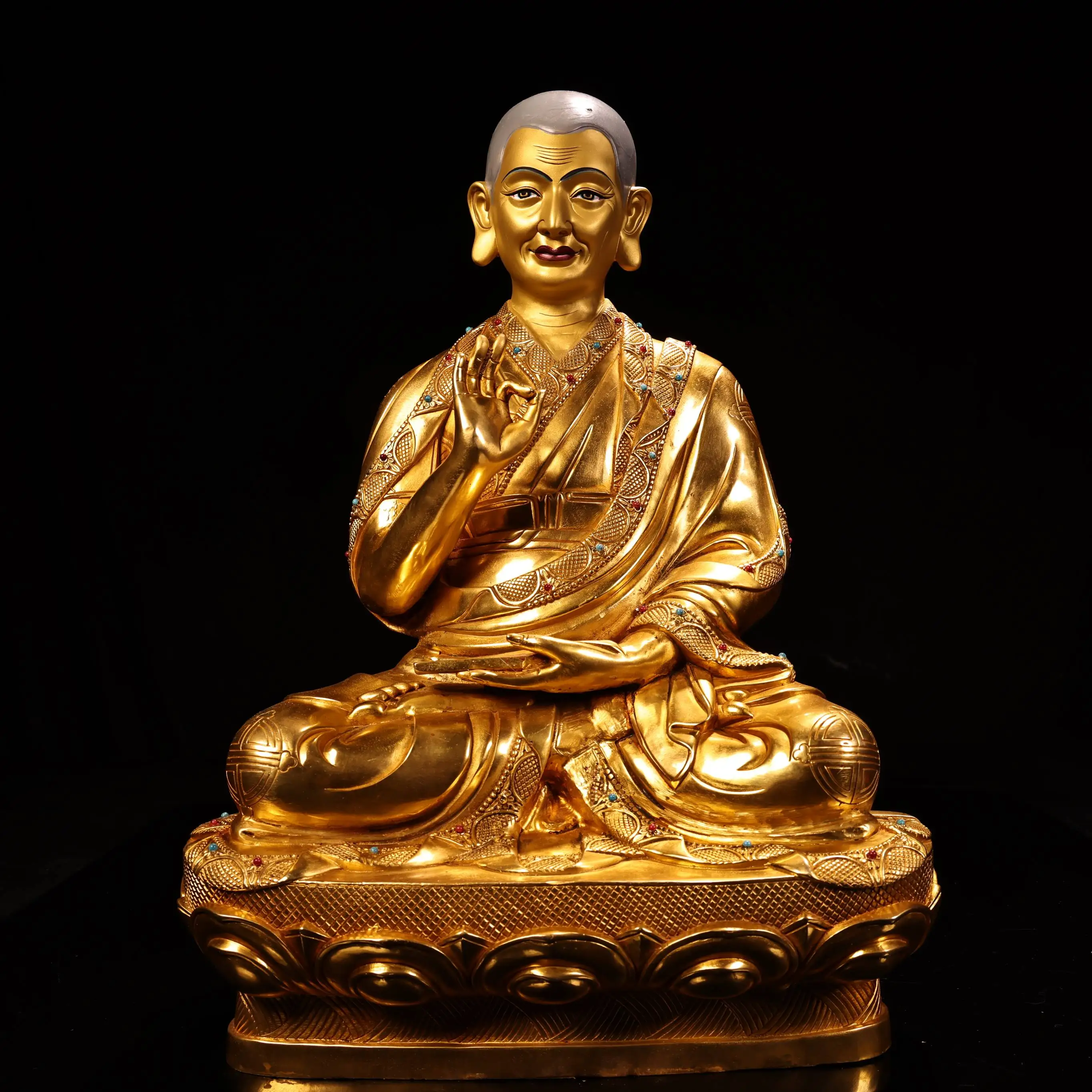 

Old China Collections Old Bronze Gilded Cinnabar Mosaic Gem Tsongkhapa Lotus Platform Sitting Buddha Worship Hall