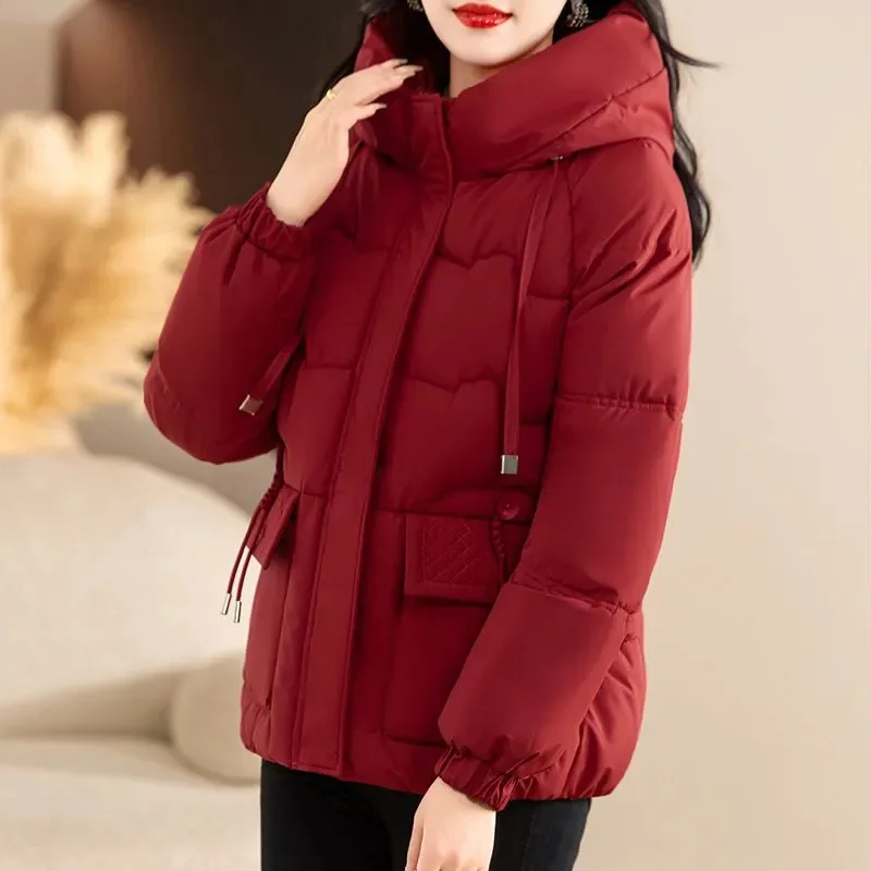 Jesienno-zimowa nowa krótka kurtka puchowa ocieplana watą, parki damskie, modna gruba ciepła kurtka watowana z kapturem, odzież wierzchnia, damska bluzka