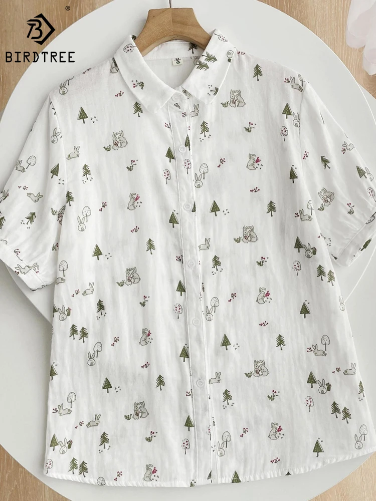 Spring Summer New 2023 Cotton White Shirts Girl Three Quarter Sleeve Turn Down Collar Rabbit Print Casual Blouse Office T34731C