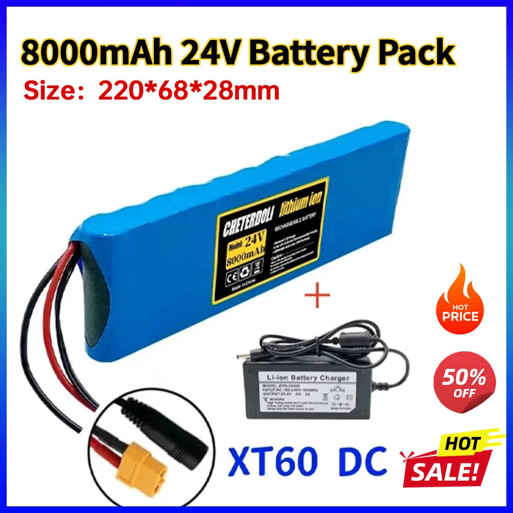 6S2P 24V 25.2V 8000mAh Lithium Battery Pack for Electric Scooter & E-Bike 250W 350W Motor, Rechargeable Battery with Charger