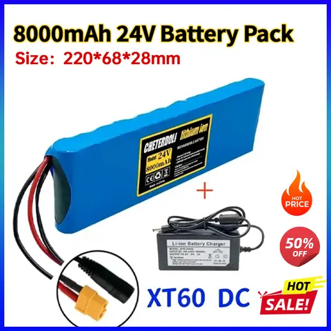 6S2P 24V 25.2V 8000mAh Lithium Battery Pack for Electric Scooter & E-Bike 250W 350W Motor, Rechargeable Battery with Charger