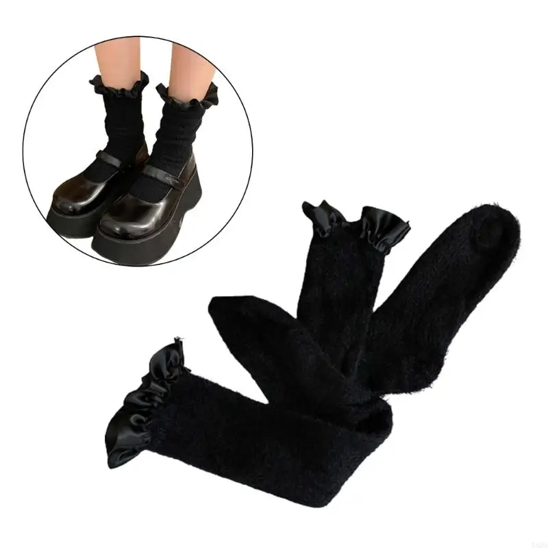 Y88A – chaussettes chaudes en fourrure pour mollet, garniture à volants soyeux, peluche pelucheuse, bracelet cheville,