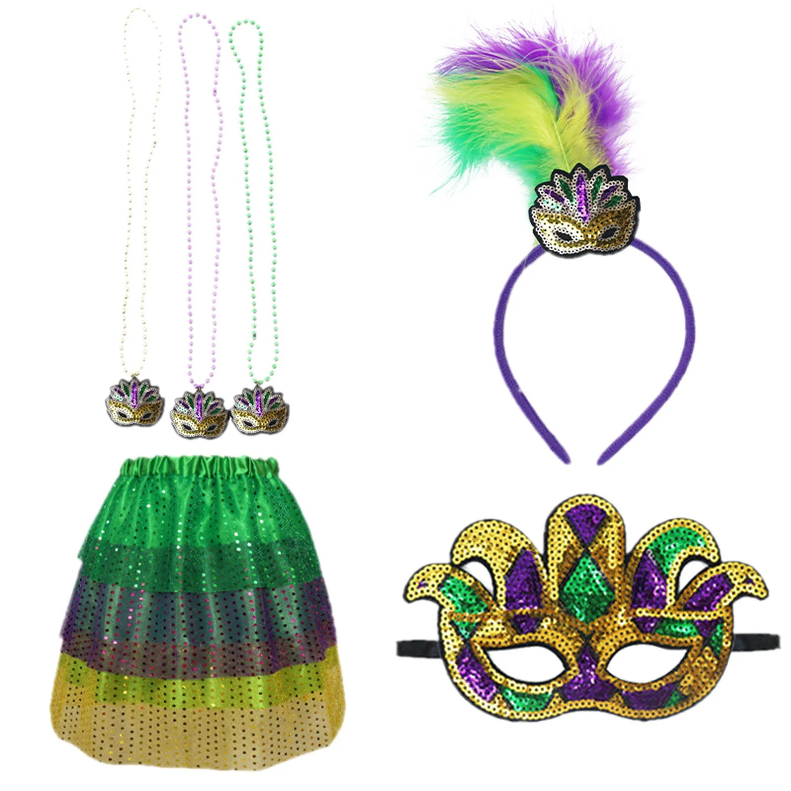 Carnival Gold Purple Green Half Face With Hair Accessories Feather Hair Band Three Color Bead Skirt Masquerade Party 4 Piece Set