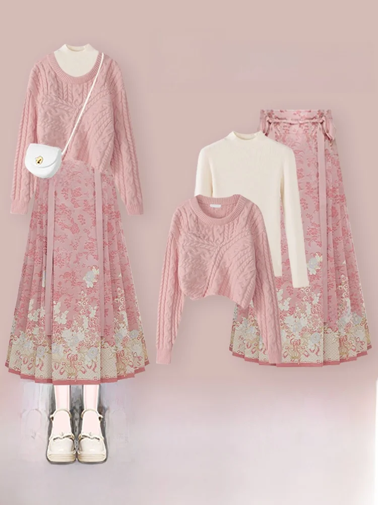 

Новый китайский вязаный свитер и комплект юбки для женщин, мягкий розовый осенне-зимний модный комплект с высокой талией, длинный доктор