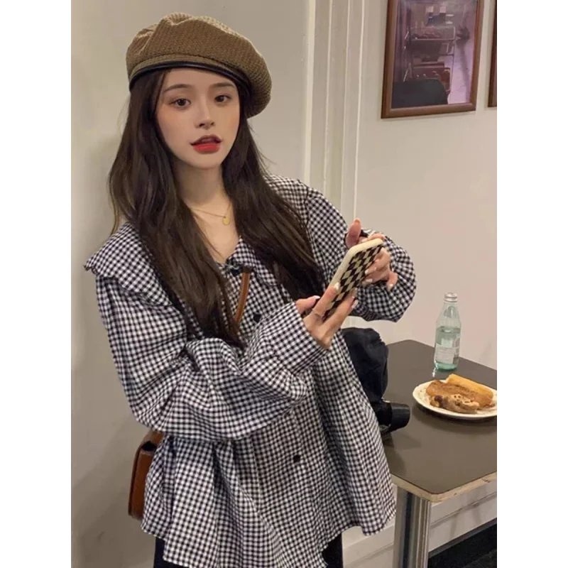 

Doll Collar Plaid Shirt for Women Spring and Autumn 2023 New French Style Retro Hong Kong Style Design Chic Long Sleeve Top