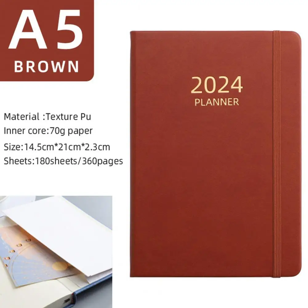 A5 2024 English Planner Ink-proof Paper Notebook 2024 A5 Elegant Faux Leather Hardcover Planner 360 Pages Ink-proof Paper