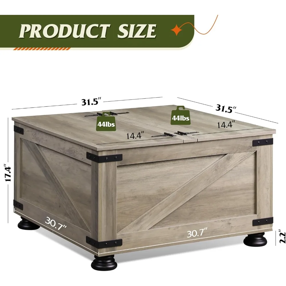 Mesa de centro quadrada de madeira com tampas articuladas e grande armazenamento oculto para móveis de sala de estar