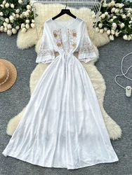 Women Summer Dress Retro Ethnic Style Embroidery Bubble Sleeve Dress Lace Up Waist To Show Slim Holiday A-line Dress Female D50