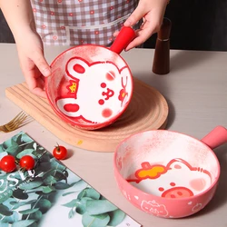 Ceramic baking tray bowl, cute cartoon pattern handle bowl, 580ml/19oz baking bowl, oven, air fryer can be used for French fries
