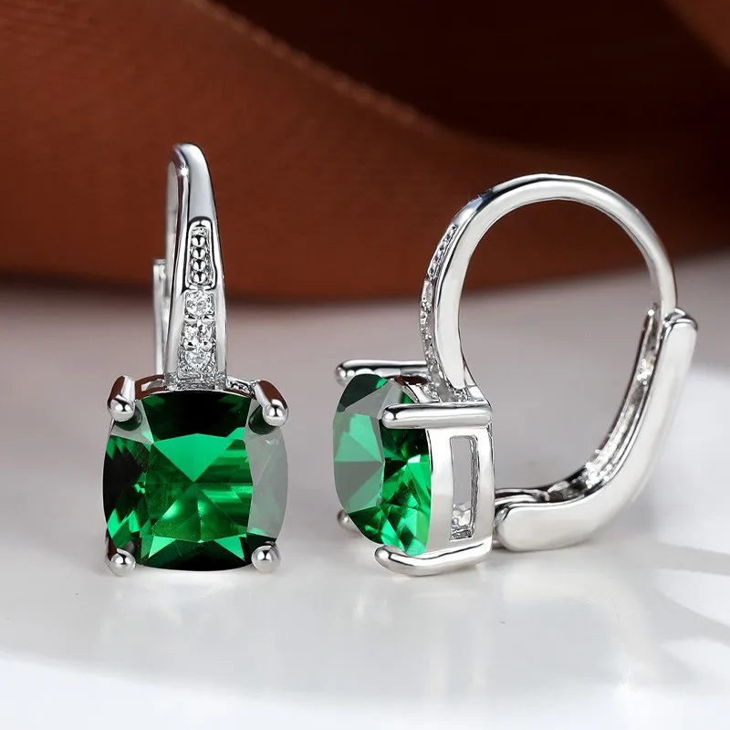 

Cushion Cut Green Simulated Nano Emerald 925 Sterling Silver Square Hoop Earring Geometric Ear Buckle for Women Gemstone Jewelry