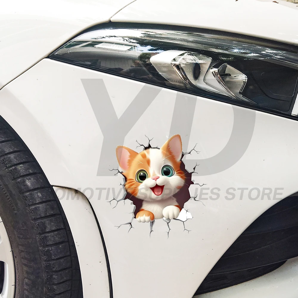 Cool 3D Broken Wall Cat Sticker Happy Ginger Kitten Car Decal Personality Hood Trunk Decor Vinyl Sticker for Truck SUV DIY view 4