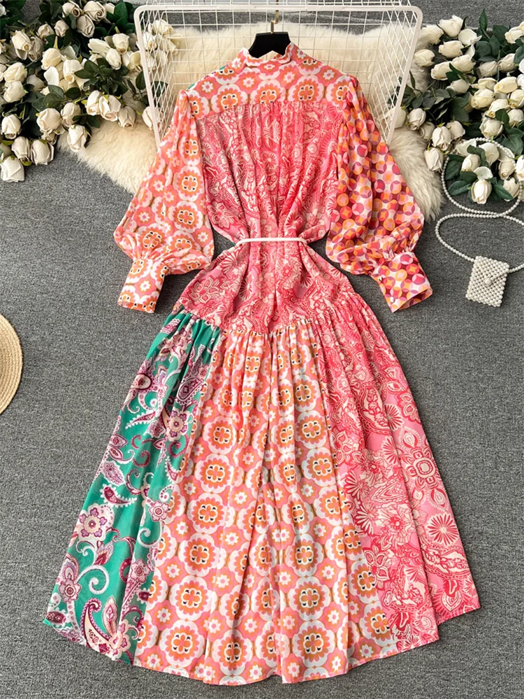 Imagem -02 - Feminino Vintage Retalhos Paisley Estampa Boho Vestido Gola de Stand Manga Comprida Cinto de Gravata Elegante Feriado Primavera