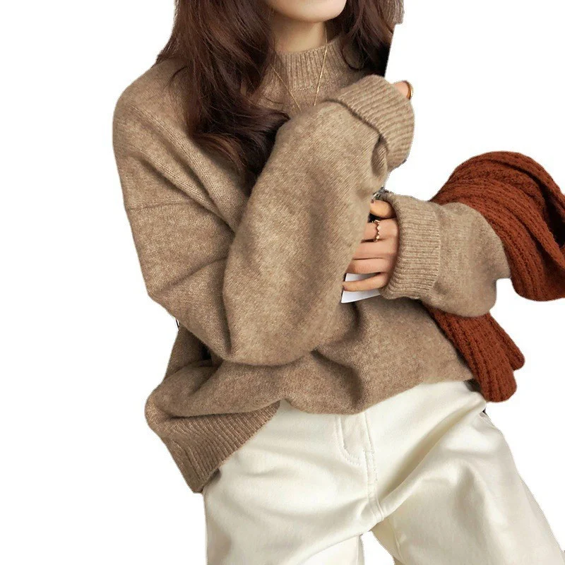 

2025 fall and winter new woman clothing Korean style loose brown female sweater dark blue tops long sleeve pullovers jumpers