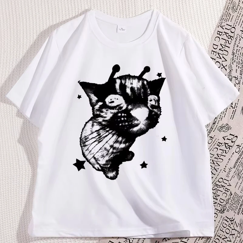 Y2K Alien Cat T-Shirts Meme Retro Silly Cat T-Shirt Vintage Kitty Funny T-Shirt Men Women Cotton Grap Harajuku Oversized T Shirt