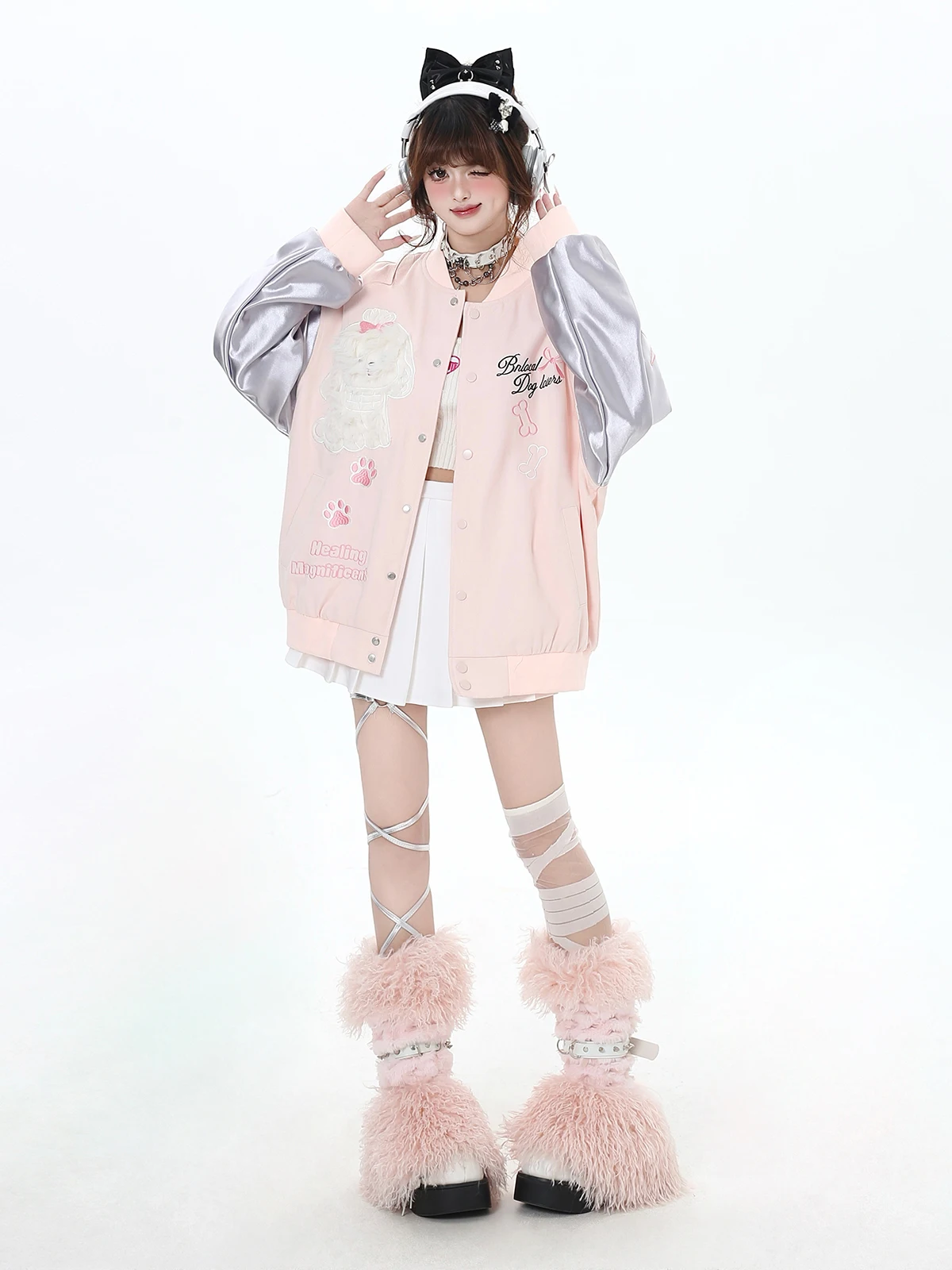 American Sweet Cool Girl Y2K Top Cute Dog Embroidery Splicing Zipper Loose Casual Baseball Uniform Jackets Tops For Women Spring