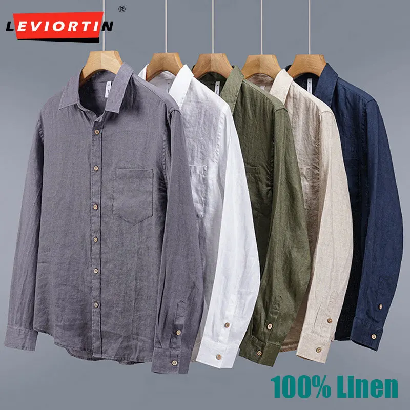 

100% Linen Men's Long Sleeve Button Down Shirt Spring Summer Solid Color Breathable Point Collar Casual Tops With Chest Pocket