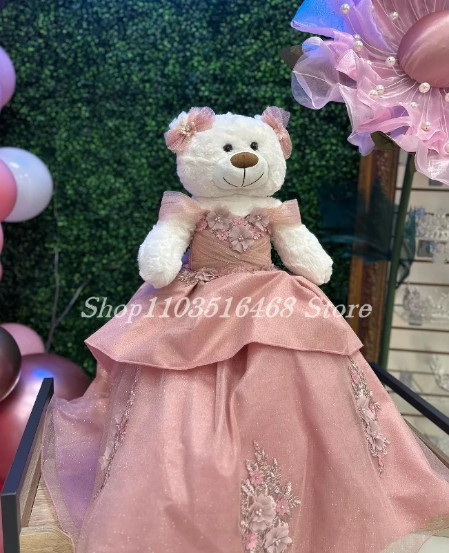 Personalised Quinceanera Teddy Bear Dress Pink Glitter Ruffle Delicate Sequin Applique Special Links