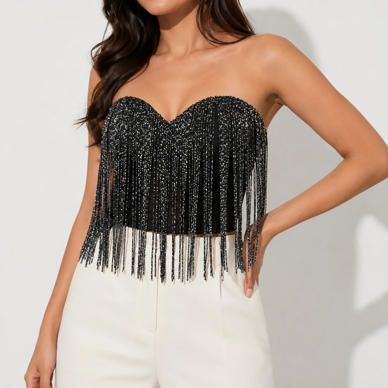 Silver Bright Silk Strapless Bustier Top for Women, Glam Party Night Out Sweetheart Neck Form Fitting Crop Top