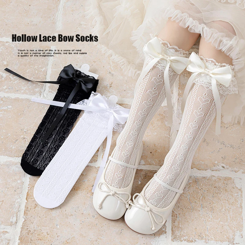 2 Pairs Children's Knee Socks Fishnet Hollow-out Lace Bow Ruffle Trim Stockings For Girls