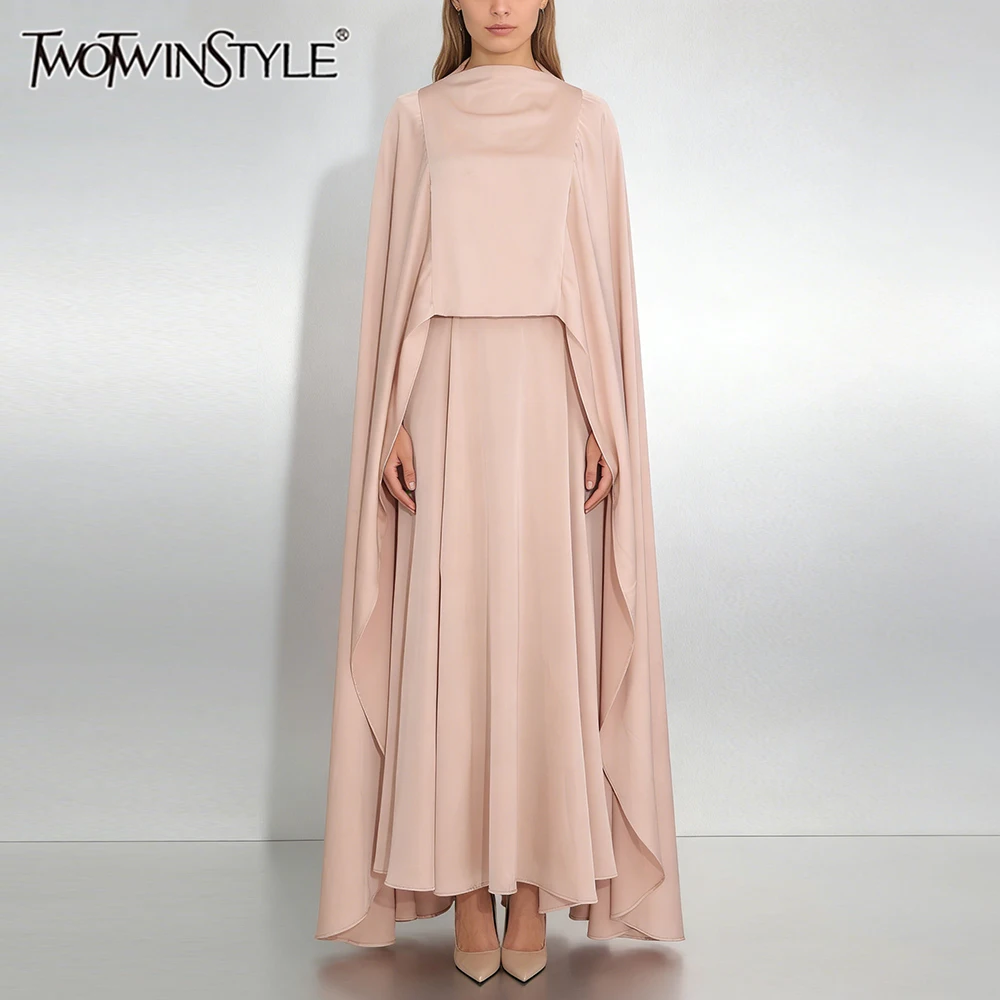 

TWOTWINSTYLE Elegant Three Piece Sets for Women O Neck Long Shawl Sleeveless Vest High Waist Split Skirt Minimalist Set Female