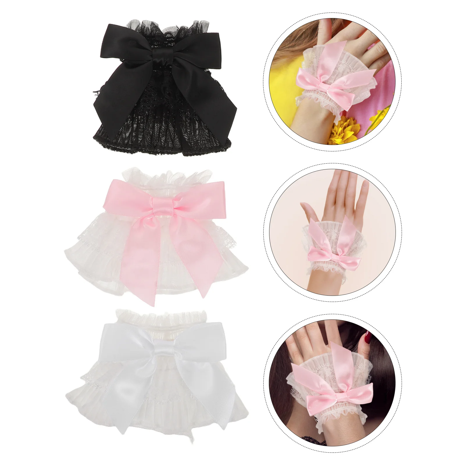 

3pcs Nail Photo Props 3 Pairs Bow Lace Arm Sleeves Detachable Ruffled Wrist Cuffs Lace-Trimmed False Sleeve Accessories -