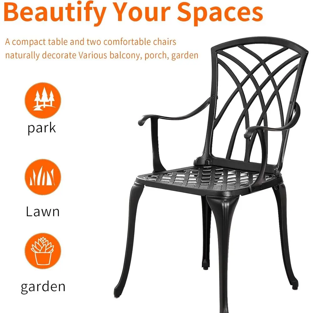 ชุดโต๊ะบิสโทรอลูมิเนียมหล่อสำหรับกลางแจ้ง: เฟอร์นิเจอร์ลานบ้าน 3 ชิ้น พร้อมโต๊ะทนทานต่อสภาพอากาศและเก้าอี้ 2 ตัว เหมาะสำหรับสวน สีดำ