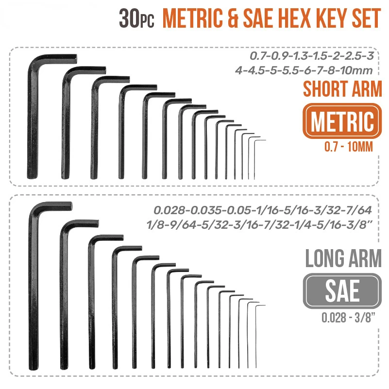 30Pcs Hex Key Allen Spanner Set S.A.E/Metric Size L Type Wrench CR-V Steel Hexagon Wrench Long/Short Arm Tool Set