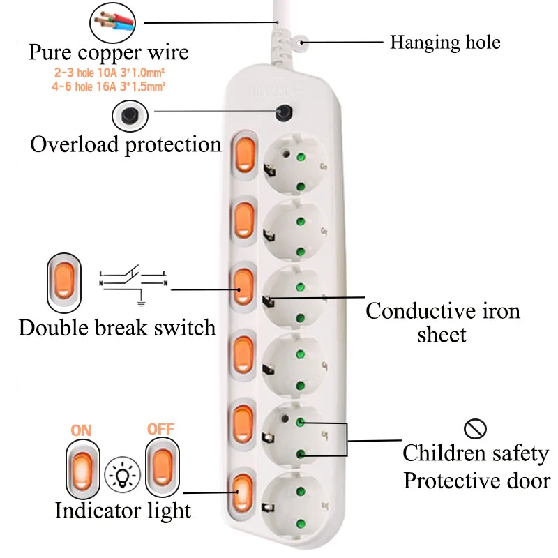 Power Strip 10/16A overload protection EU plug Adapter 1.5/2.5M Extension Desktop cord socket 2/3/4/5/6 AC Output