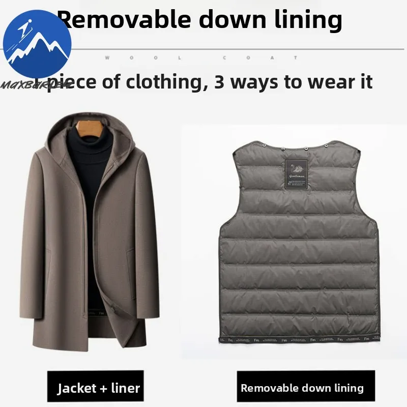 Maxbarley Winter Cashmere Coat Men High Designer Street White Duck Down Vest Hooded Trench Jacket Korean Elegant Woolen Overcoat