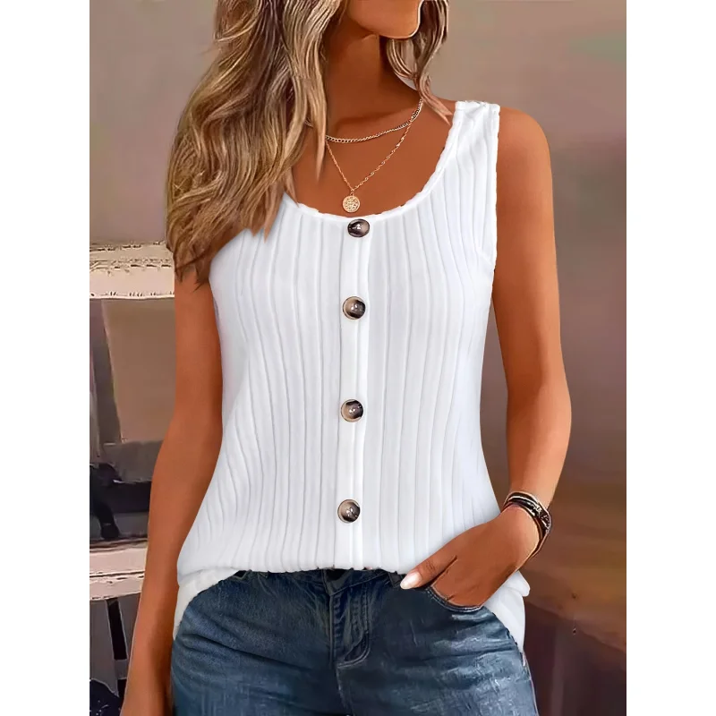 

Women's Solid Color Round Neck Button Decor Sleeveless Summer Casual Top