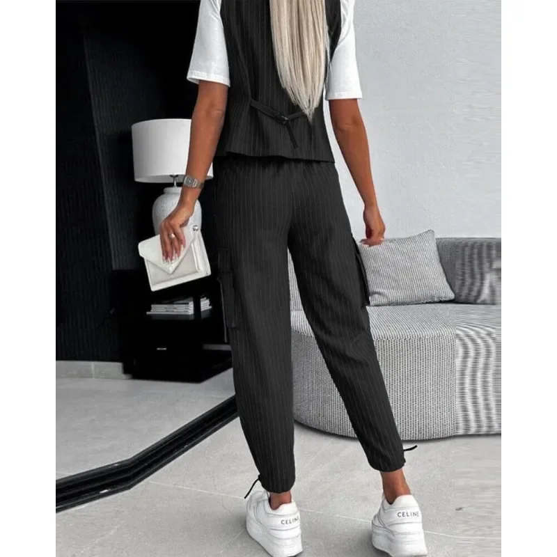 Spring Summer New Women\'s White Striped Sleeveless Vest Suit Leisure Commute Cropped Pants