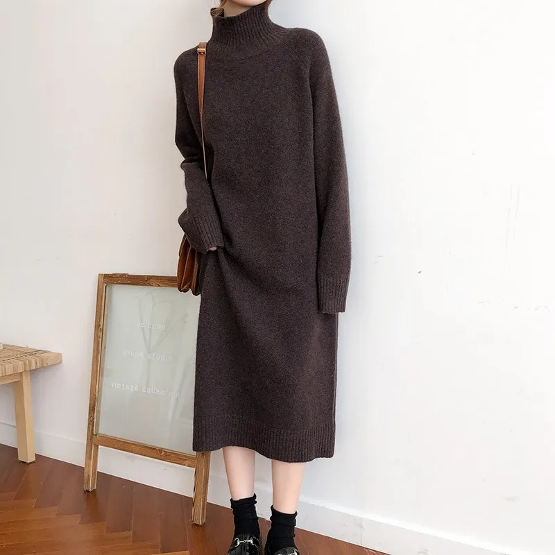 

Women's Mid-length Pure Cashmere Sweater Dress, Loose Knitted Bottoming Sweater, High Collar, Over the Knee, Plus Size