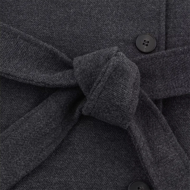 Damesjas 2025, herfst en winter, nieuwe stijl, grijze lange mouwen, riem, enkele rij knopen, opstaande kraag, losse jas, modieus