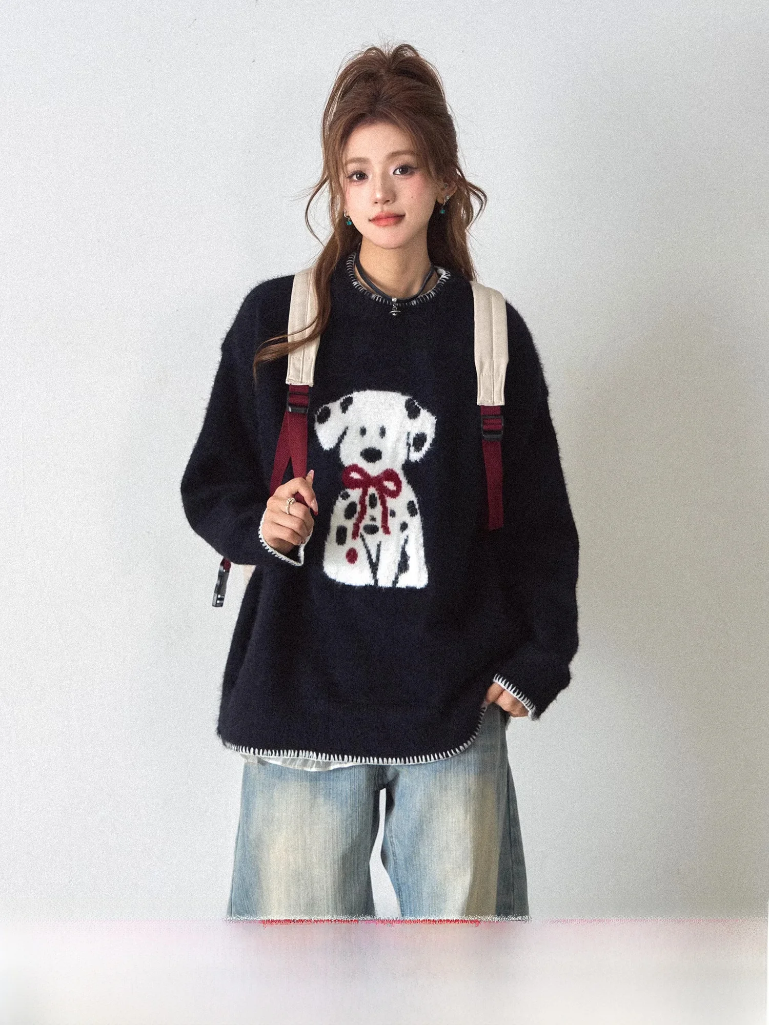 

Thiened Winter Knitted Sweater Women's Loose Soft Fluffy Dog Spot Pattern Embroidery Long Sve round Ne Warm Casual Top