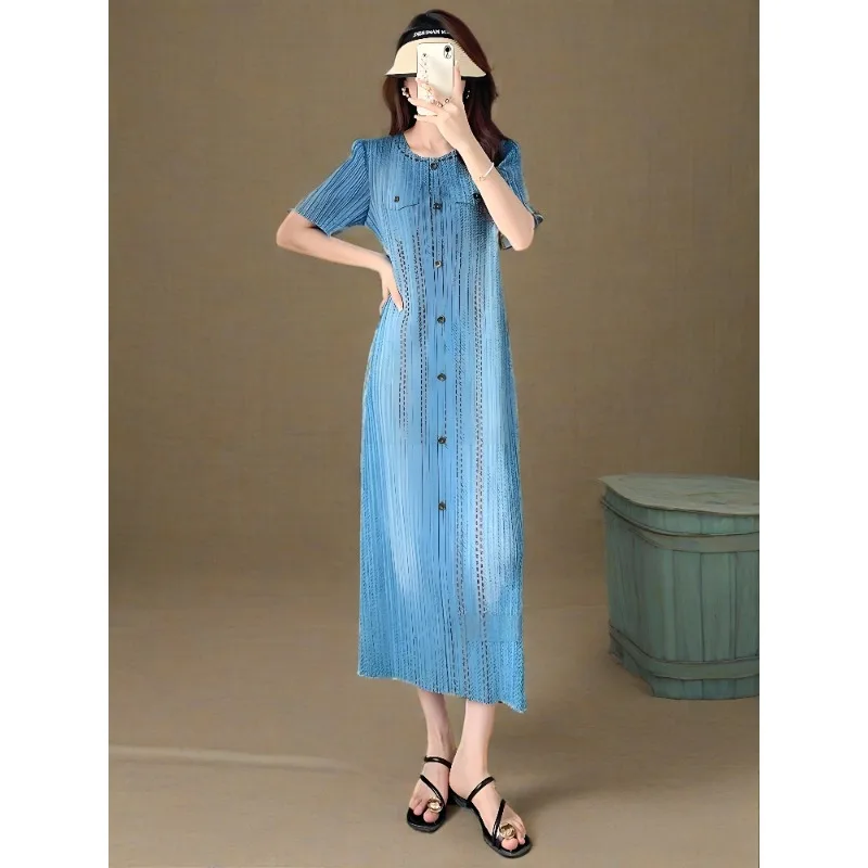 

Плиссированное платье Miyake, винтажное плиссированное платье с короткими рукавами, женское платье 2022, новинка лета 2022, высококачественная тонкая длинная юбка из искусственного денима для женщин