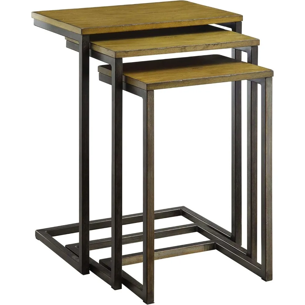 طقم طاولة متداخلة خشبية مستطيلة مكونة من 3 قطع مع إطار من سبائك الصلب للأثاث الحديث والمساحة #5