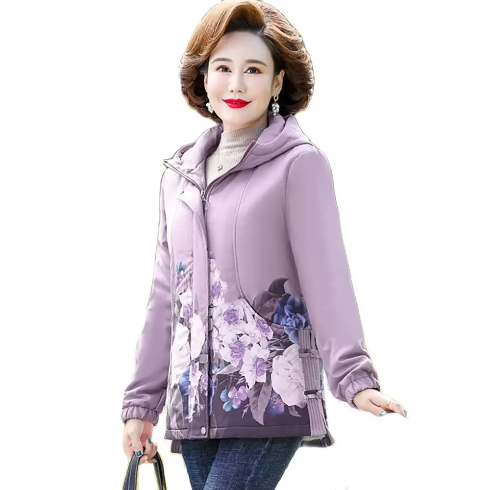 Middle-aged Mother Cotton-padded Clothes Ladies Fleece New Western Fashion Middle-aged And Elderly Printed Warm Winter Coat 5XL.