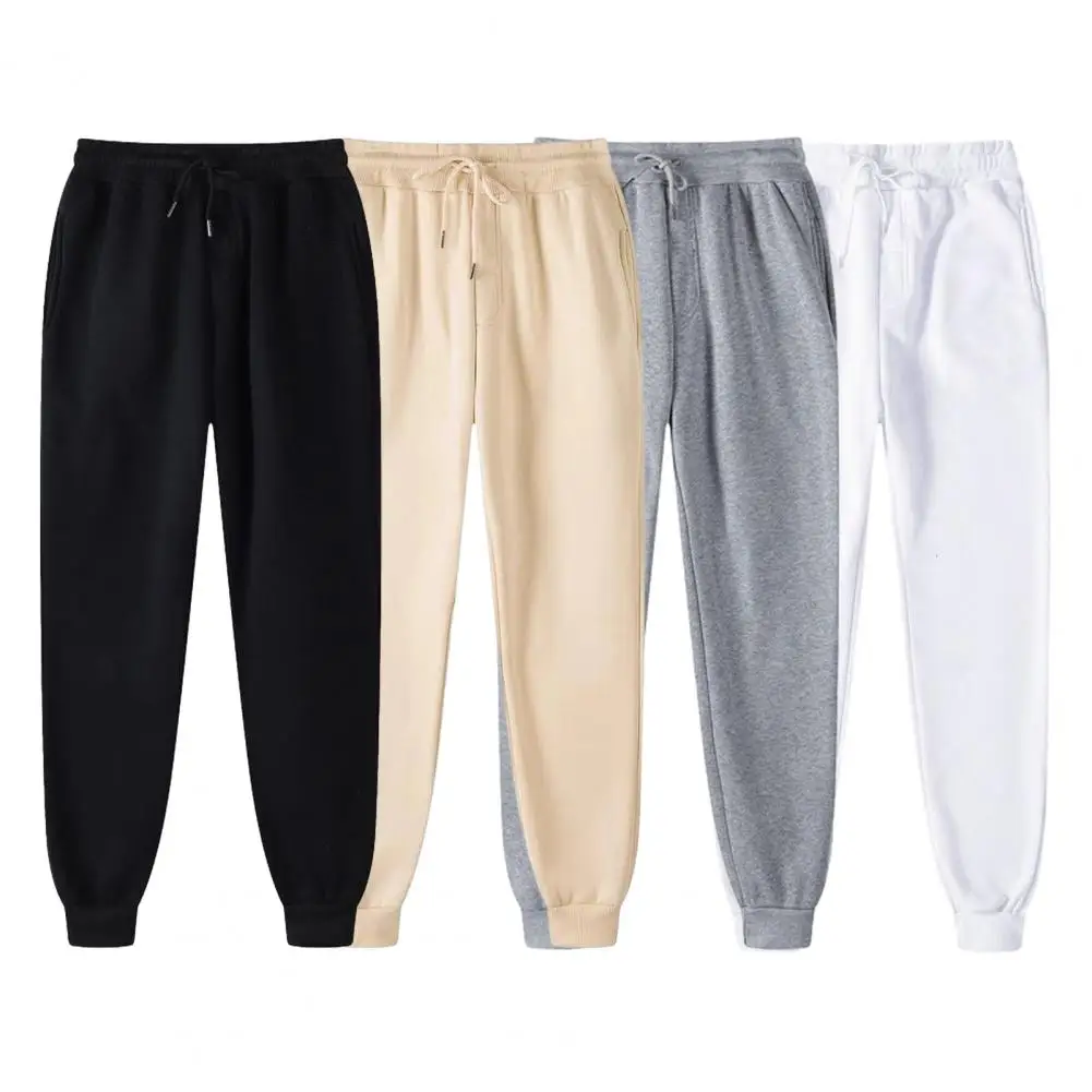 

Fall Spring Men Sweatpants Thick Plush Drawstring Elastic Waist Loose Trousers Solid Color Mid Waist Ankle-banded Pockets Pants