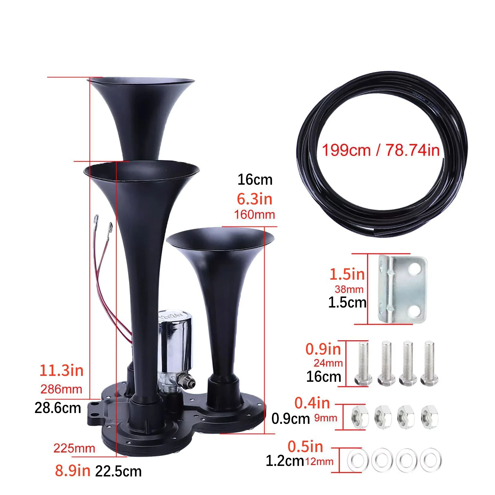 1pc 135dB Triple Trumpet Train Air Horn Kit 12V/24V Super Loud with Solenoid & Hose for Car Truck Motorcycle Boat