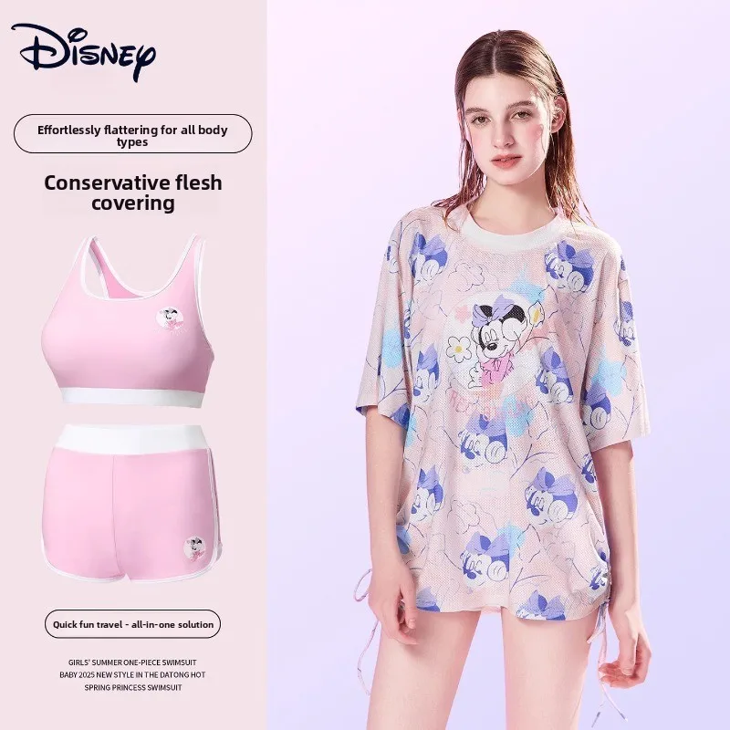 디즈니 커버업 3피스 수영복, 새로운 여성용 2피스 자외선 차단 수영복 해변 및 온천에 적합