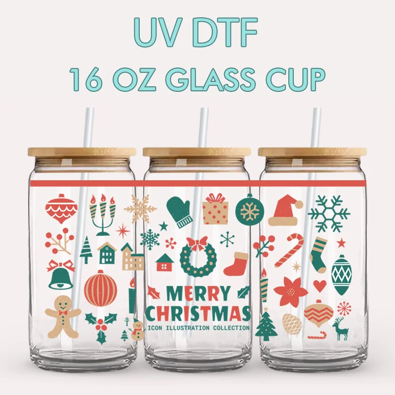 16oz Glass Cup UV DTF Wraps Minimal Neutral Merry Christmas Text Snowflake Wreath Gingerbread Waterproof Rub On Stickers