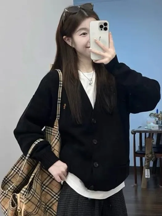 

Корейский вязаный открытый кардиган с V-Ne Long Sve, женский ранняя осень, новая простая свободная верхняя одежда, топ