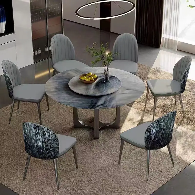 

small apartment marble round combination dining table and chairs stone stainless Light luxury simple household
