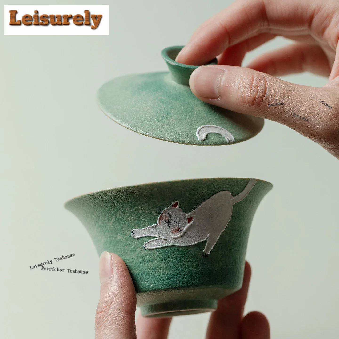 100ml Green Hand-painted Cat Gaiwan Elegant Tea Tureen Household Tea Bowl With Lid Kit Tea Maker Cover Bowl Tea Ceremony Gifts